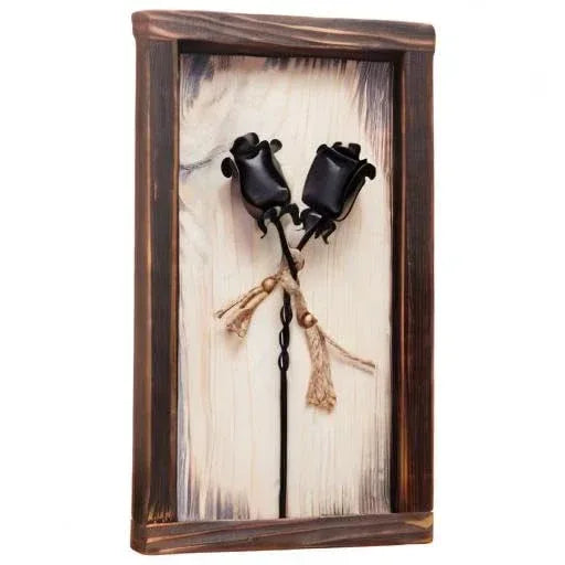NOVECRAFTO Set of 2 Forged Iron Roses Twisted Together Forever - Placed in Mountable Wooden Frame - Unique 3D Gift - Unique Gift Market