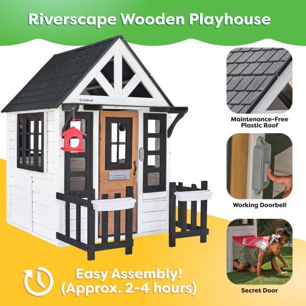 KidKraft Riverscape Wooden Playhouse with Working Doorbell, Fence, Kitchen and Pet Door - Unique Gift Market