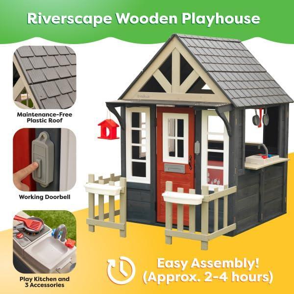 KidKraft Riverscape Wooden Playhouse with Working Doorbell, Fence, Kitchen and Pet Door - Unique Gift Market