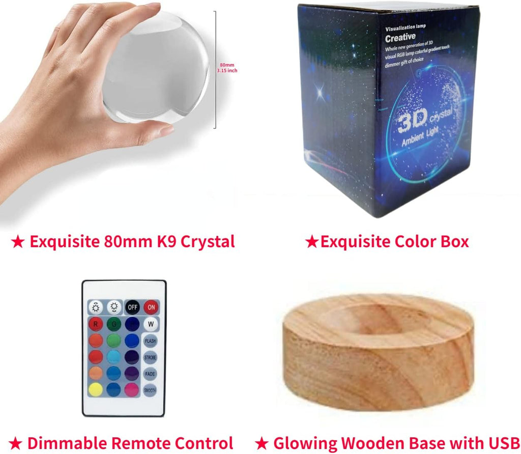 axolotl lamp,3.15 inch 3D K9 Crystal Ball Axolotl Night Light with Wooden Base,16 colors change,remote control,color box,Birthday Christmas axolotl Gift
