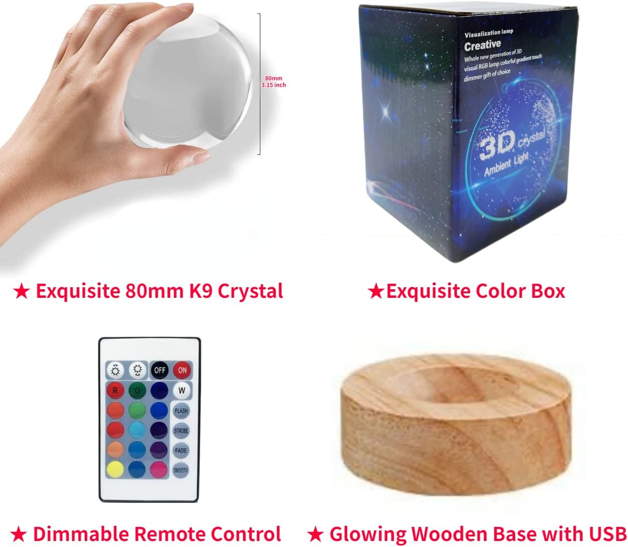 axolotl lamp,3.15 inch 3D K9 Crystal Ball Axolotl Night Light with Wooden Base,16 colors change,remote control,color box,Birthday Christmas axolotl Gift
