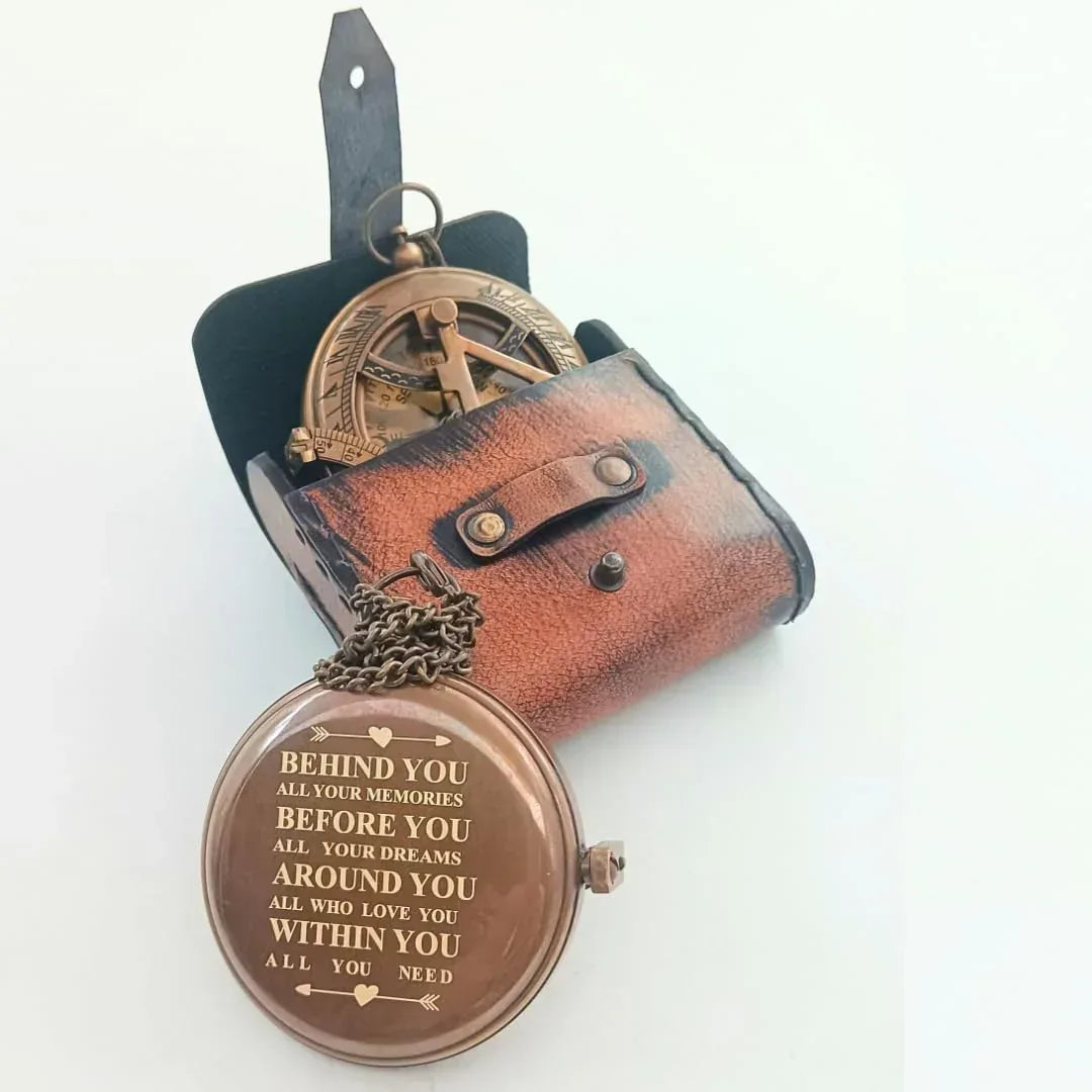 Behind You Engraved Brass Compass Gift for Men - Handcrafted Vintage Brass Sundial Compass – Antique Nautical Sun Clock with Leather Case - Best Graduation Gift - Best College Graduation Gift - Unique Gift Market