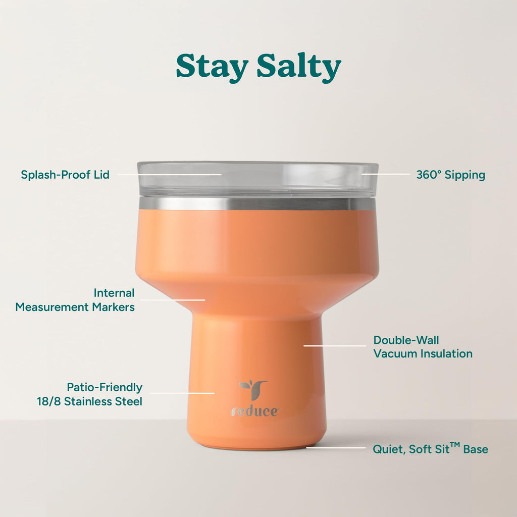 REDUCE Saltini 16 oz Cocktail Tumbler - Insulated Margarita Tumbler with Lid - Keeps Drinks Cold for 10 Hours - 360 Sippable Martini Glass Alternative - Shatterproof, Perfect for Parties - Sea Glass