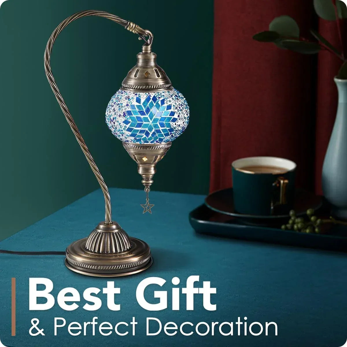 Yarra-Decor Turkish Moroccan Lamp with Bronze Base 3 Color Options Handmade Swan Neck Tiffany Mosaic Glass Bedside Lamps for Bedroom (LED Bulb Included) - Unique Gift Market