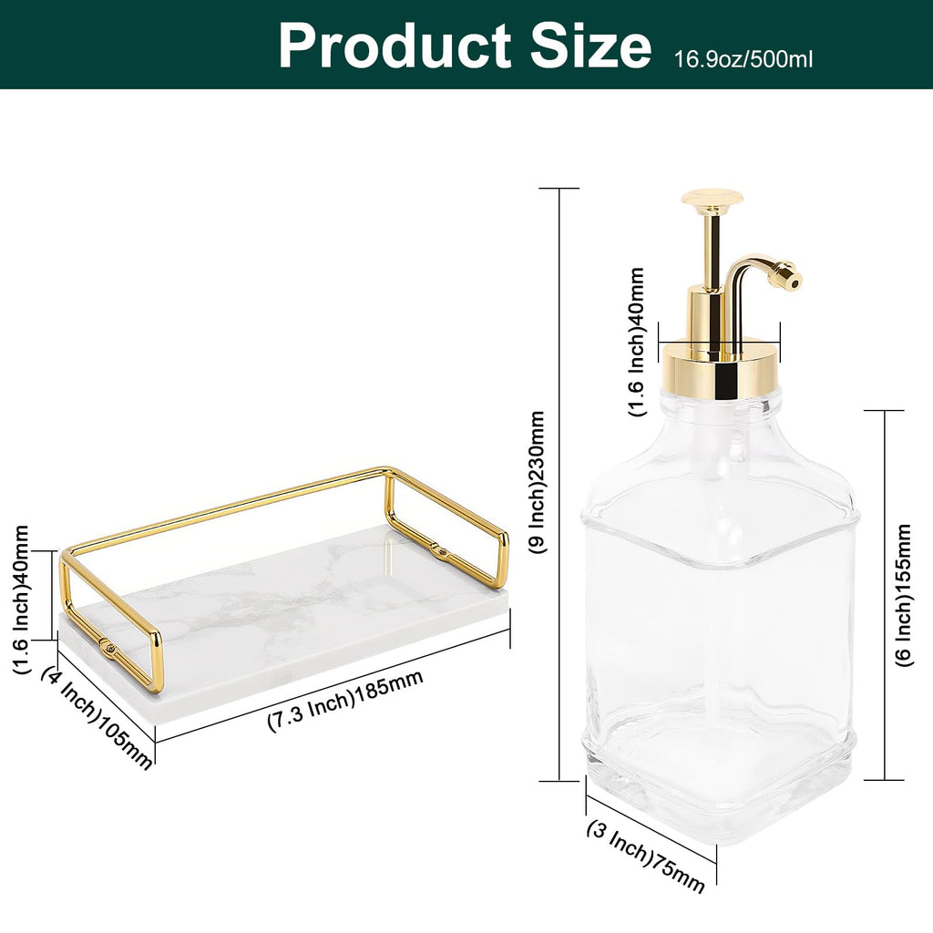 Coffee Syrup Dispenser for Coffee Bar, Clear Glass Syrup Bottles with Pump, Refillable Maple Syrup Storage, Coffee Station Accessories and Organizer, 500ml, Set of 2 + Tray (Gold)