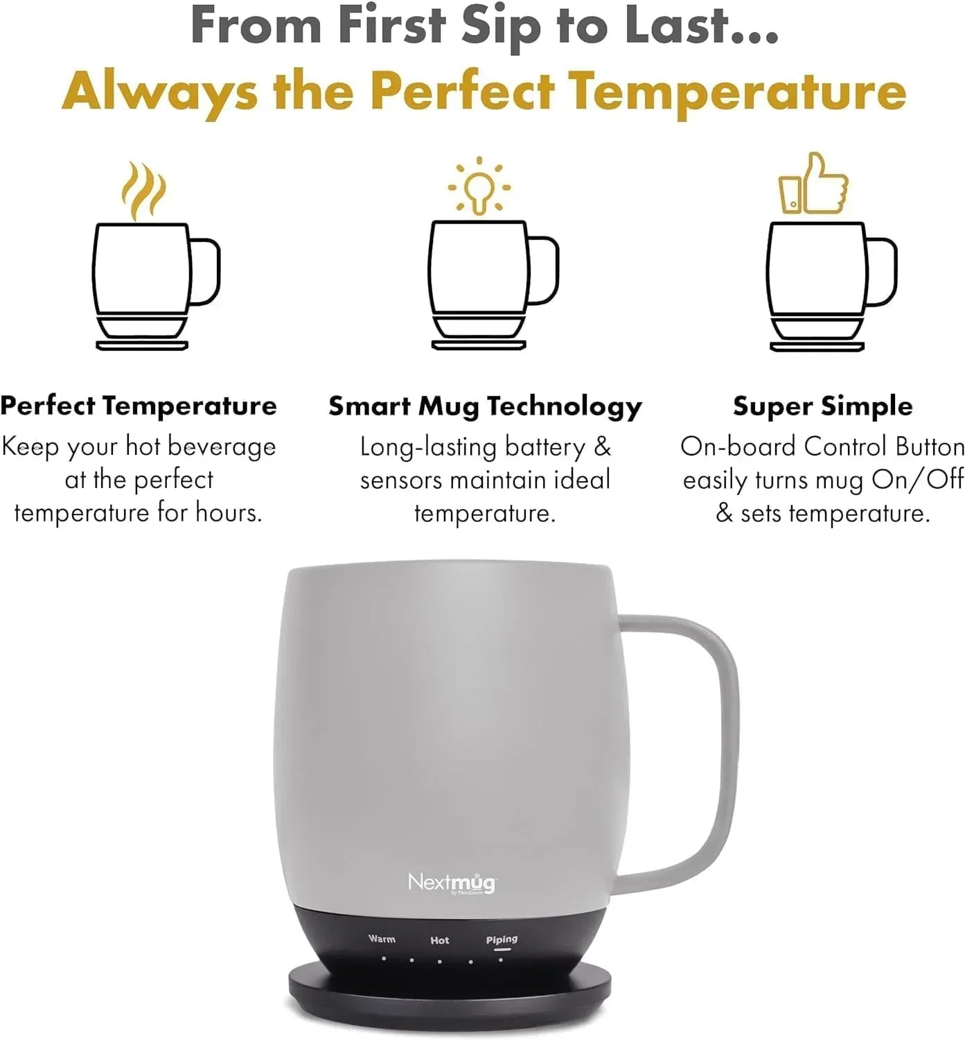 Nextmug - Temperature-Controlled, Self-Heating Coffee Mug (Black - 14 oz.) - Unique Gift Market