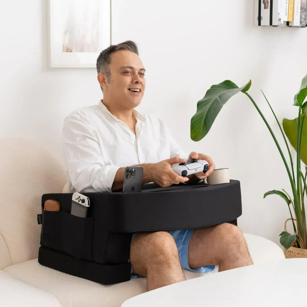 Reading Pillow for Gaming – Extra Large Lap Desk & Arm Rest with Cup & Phone Holder, Adjustable Heights, Laptop Support, Large Pockets – Comfortable for Work, Gaming & Crocheting (Furry Grey) - Unique Gift Market