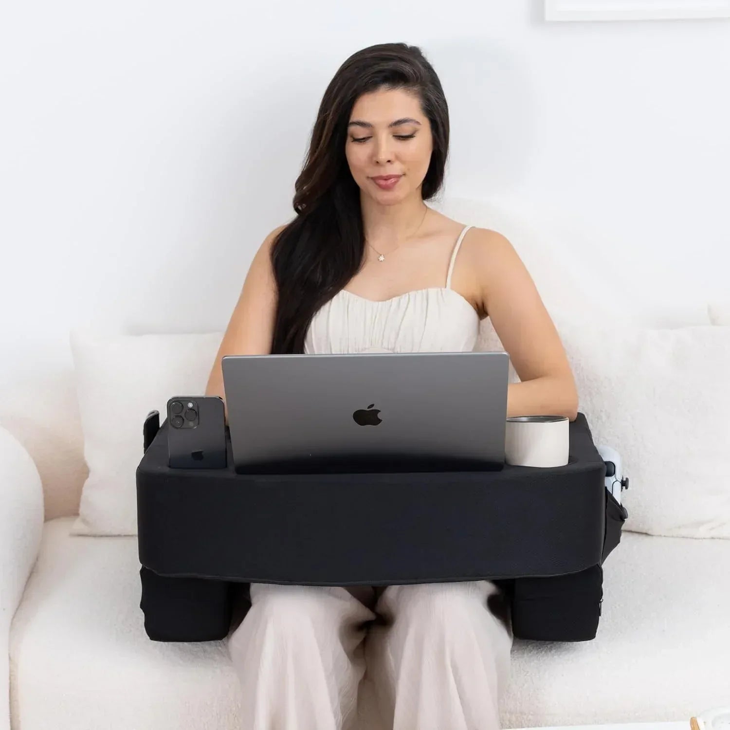 Reading Pillow for Gaming – Extra Large Lap Desk & Arm Rest with Cup & Phone Holder, Adjustable Heights, Laptop Support, Large Pockets – Comfortable for Work, Gaming & Crocheting (Furry Grey) - Unique Gift Market