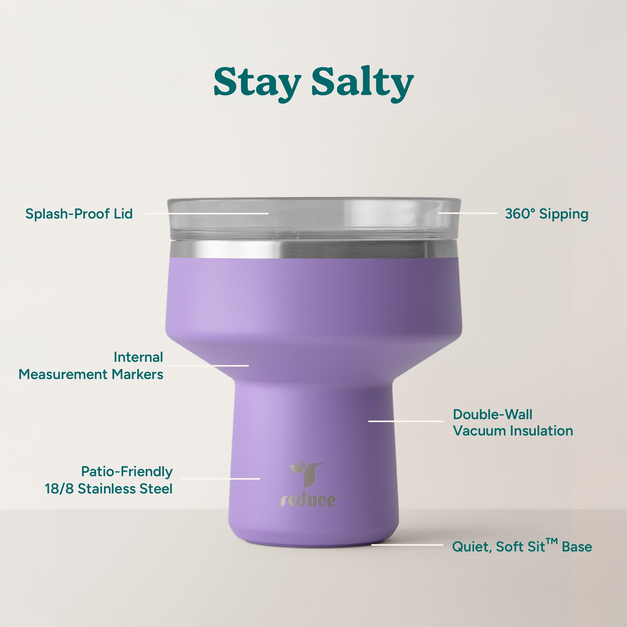 REDUCE Saltini 16 oz Cocktail Tumbler - Insulated Margarita Tumbler with Lid - Keeps Drinks Cold for 10 Hours - 360 Sippable Martini Glass Alternative - Shatterproof, Perfect for Parties - Sea Glass
