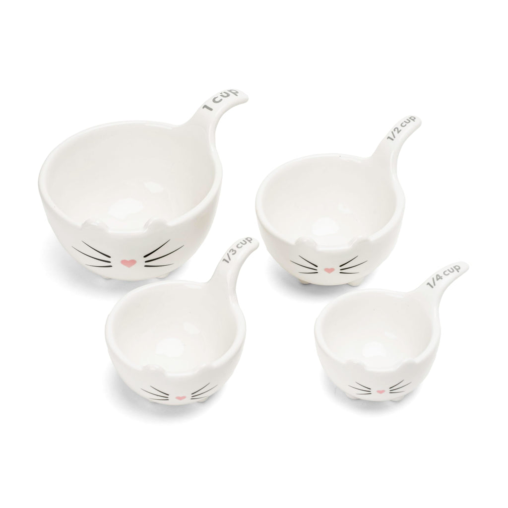 White Cat Measuring Cups & Spoons Gift Set – Ceramic Kitchen Tools for Cat Lovers & Bakers – 4 Measuring Cups and 4 Measuring Spoons – Unique Gift for Kitchen, Baking, and Cat Lovers