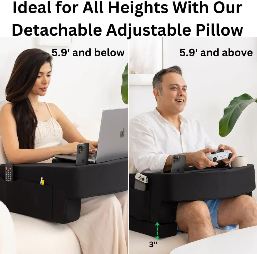 Reading Pillow for Gaming – Extra Large Lap Desk & Arm Rest with Cup & Phone Holder, Adjustable Heights, Laptop Support, Large Pockets – Comfortable for Work, Gaming & Crocheting (Furry Grey) - Unique Gift Market