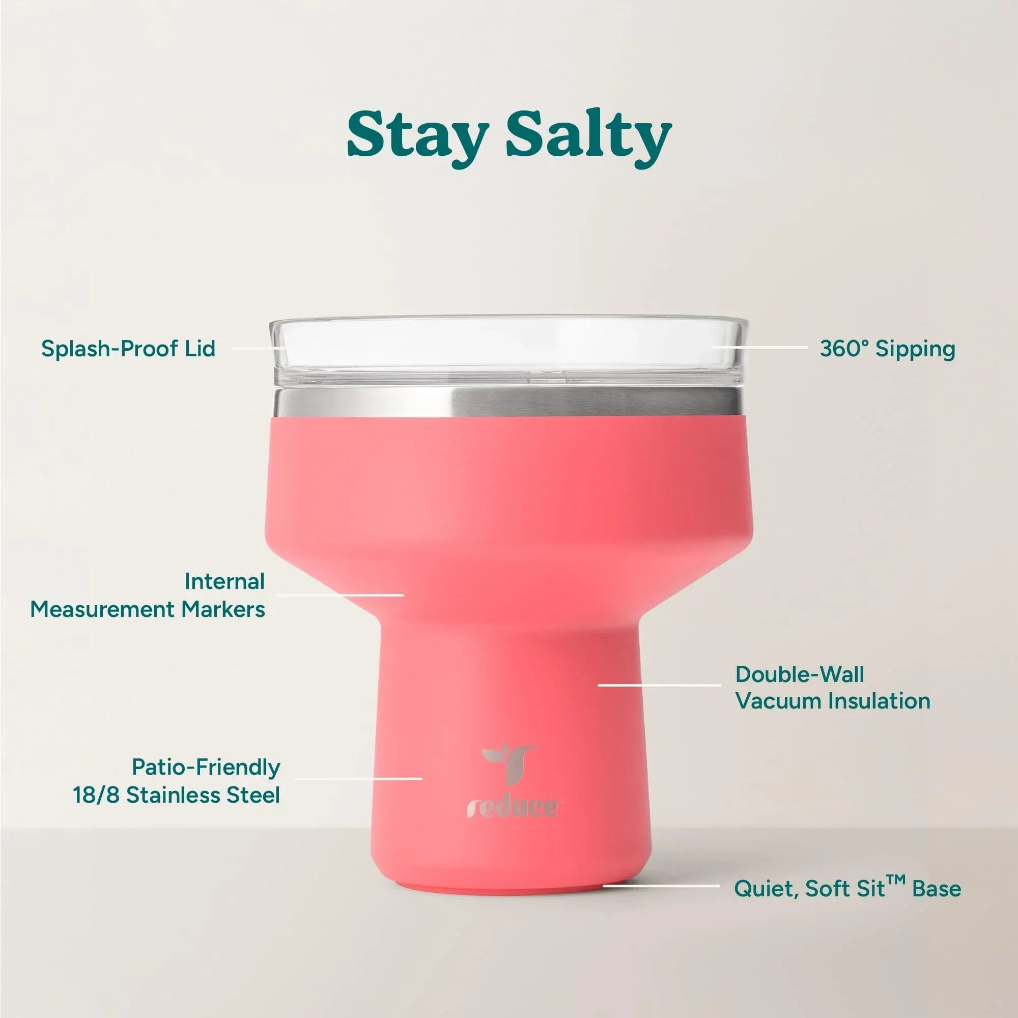 REDUCE Saltini 16 oz Cocktail Tumbler - Insulated Margarita Tumbler with Lid - Keeps Drinks Cold for 10 Hours - 360 Sippable Martini Glass Alternative - Shatterproof, Perfect for Parties - Sea Glass - Unique Gift Market