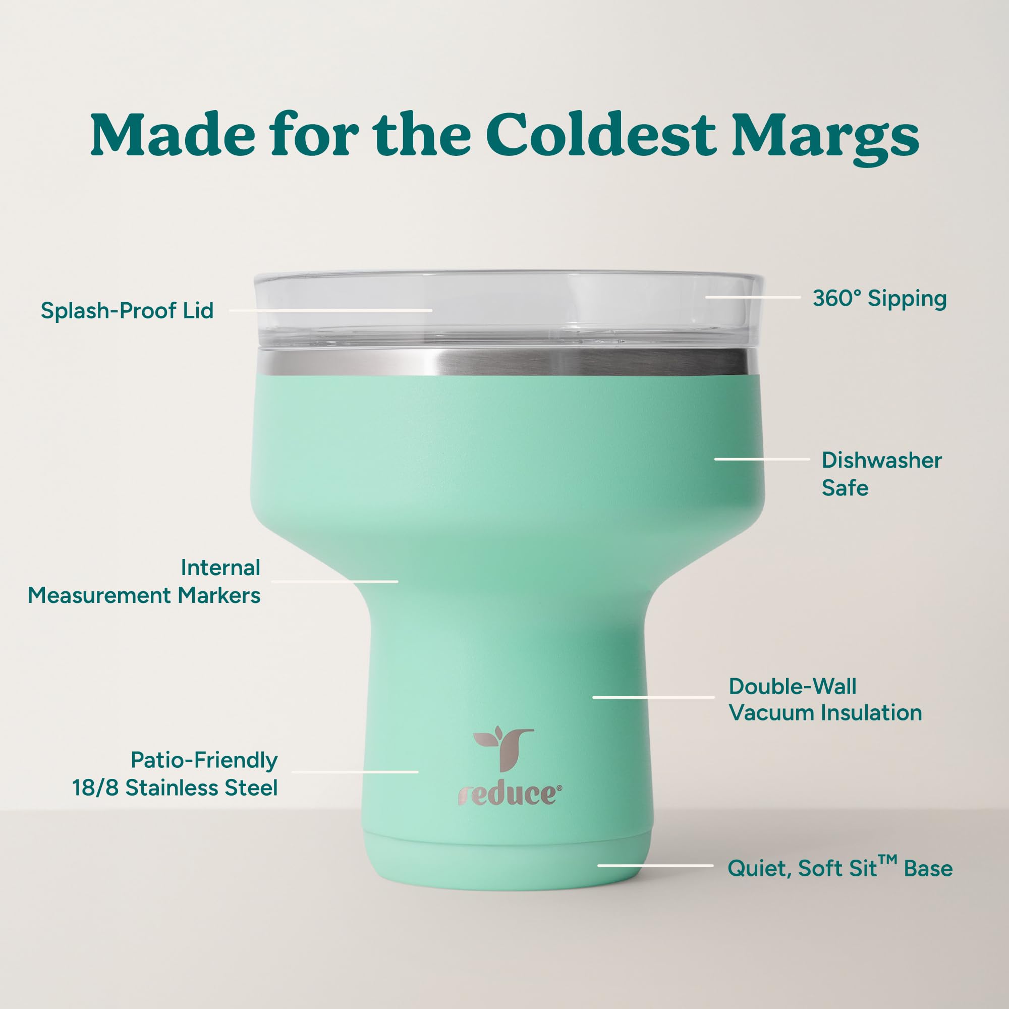 REDUCE Saltini 16 oz Cocktail Tumbler - Insulated Margarita Tumbler with Lid - Keeps Drinks Cold for 10 Hours - 360 Sippable Martini Glass Alternative - Shatterproof, Perfect for Parties - Sea Glass