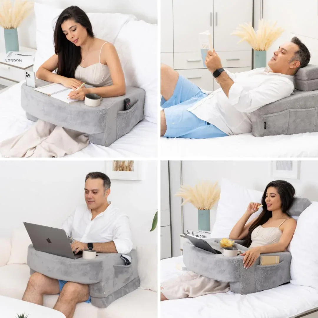 Reading Pillow for Gaming – Extra Large Lap Desk & Arm Rest with Cup & Phone Holder, Adjustable Heights, Laptop Support, Large Pockets – Comfortable for Work, Gaming & Crocheting (Furry Grey) - Unique Gift Market