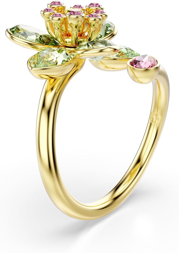 Swarovski Idyllia open ring, Mixed cuts, Flower, Green, Gold-tone Finish, Size 6 3/4