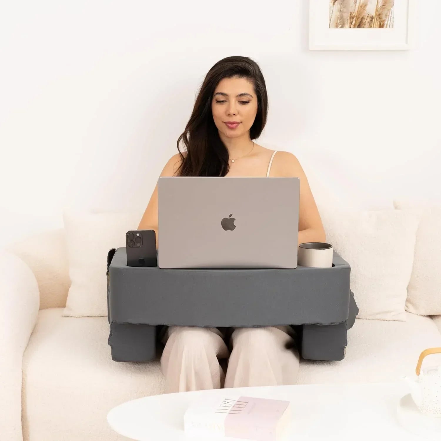 Reading Pillow for Gaming – Extra Large Lap Desk & Arm Rest with Cup & Phone Holder, Adjustable Heights, Laptop Support, Large Pockets – Comfortable for Work, Gaming & Crocheting (Furry Grey) - Unique Gift Market