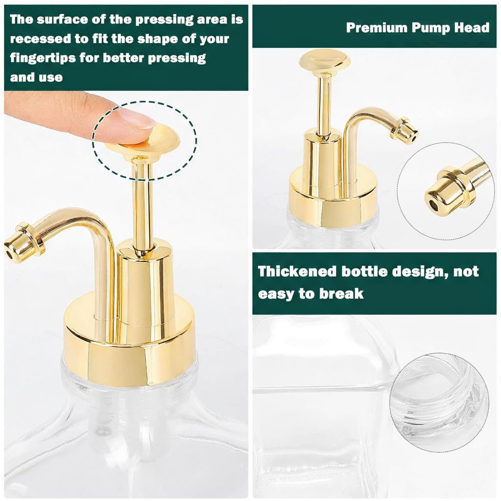 Coffee Syrup Dispenser for Coffee Bar, Clear Glass Syrup Bottles with Pump, Refillable Maple Syrup Storage, Coffee Station Accessories and Organizer, 500ml, Set of 2 + Tray (Gold)