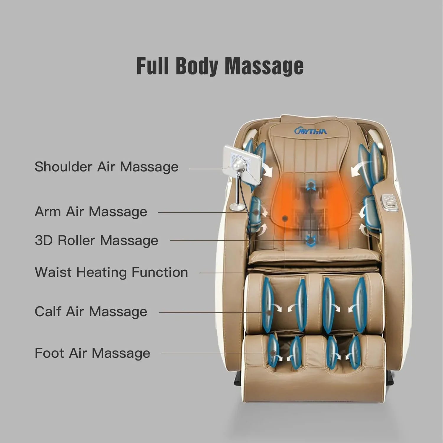 MYTHIA MD906 2026 Massage Chair - Full Body Zero Gravity Recliner with 3D Massage, Heat Therapy, Air Pressure & Foot Roller, Bluetooth & USB Charging Port for Home & Office Use (Beige) - Unique Gift Market
