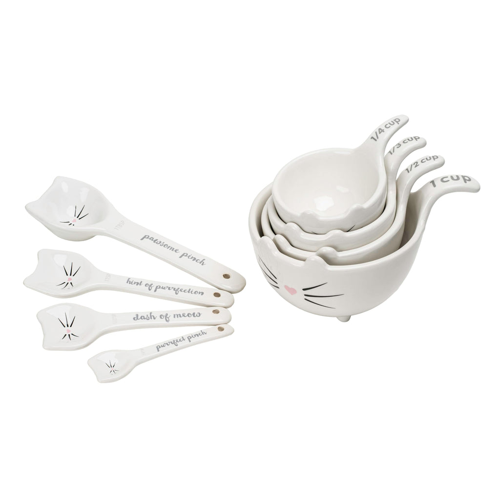 White Cat Measuring Cups & Spoons Gift Set – Ceramic Kitchen Tools for Cat Lovers & Bakers – 4 Measuring Cups and 4 Measuring Spoons – Unique Gift for Kitchen, Baking, and Cat Lovers