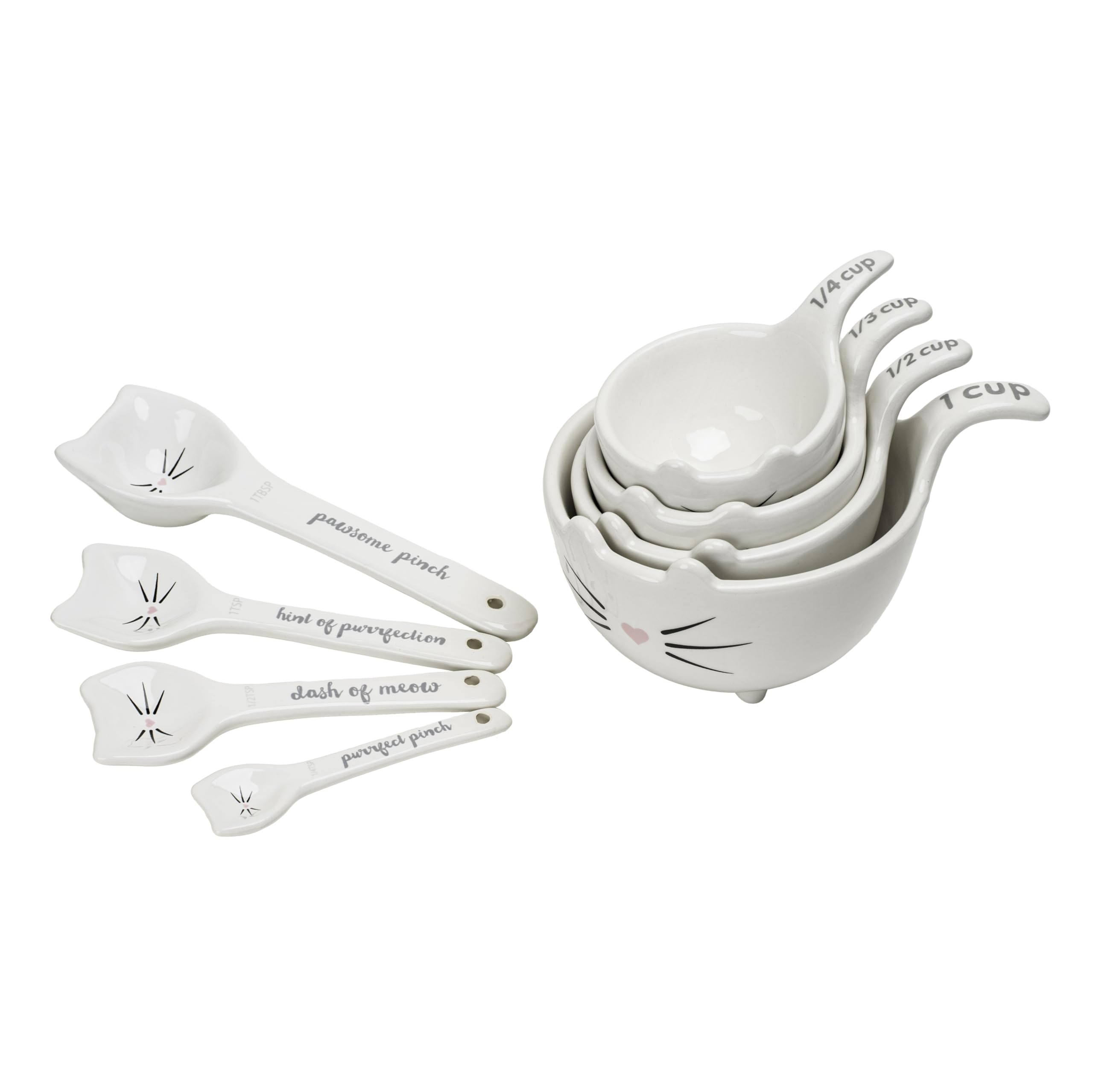 White Cat Measuring Cups & Spoons Gift Set – Ceramic Kitchen Tools for Cat Lovers & Bakers – 4 Measuring Cups and 4 Measuring Spoons – Unique Gift for Kitchen, Baking, and Cat Lovers