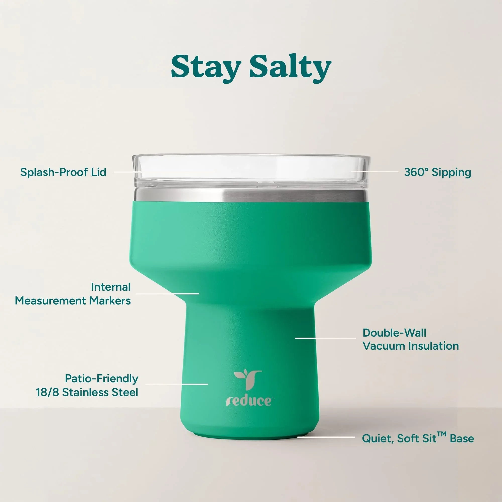 REDUCE Saltini 16 oz Cocktail Tumbler - Insulated Margarita Tumbler with Lid - Keeps Drinks Cold for 10 Hours - 360 Sippable Martini Glass Alternative - Shatterproof, Perfect for Parties - Sea Glass - Unique Gift Market