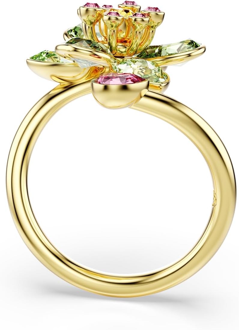 Swarovski Idyllia open ring, Mixed cuts, Flower, Green, Gold-tone Finish, Size 6 3/4