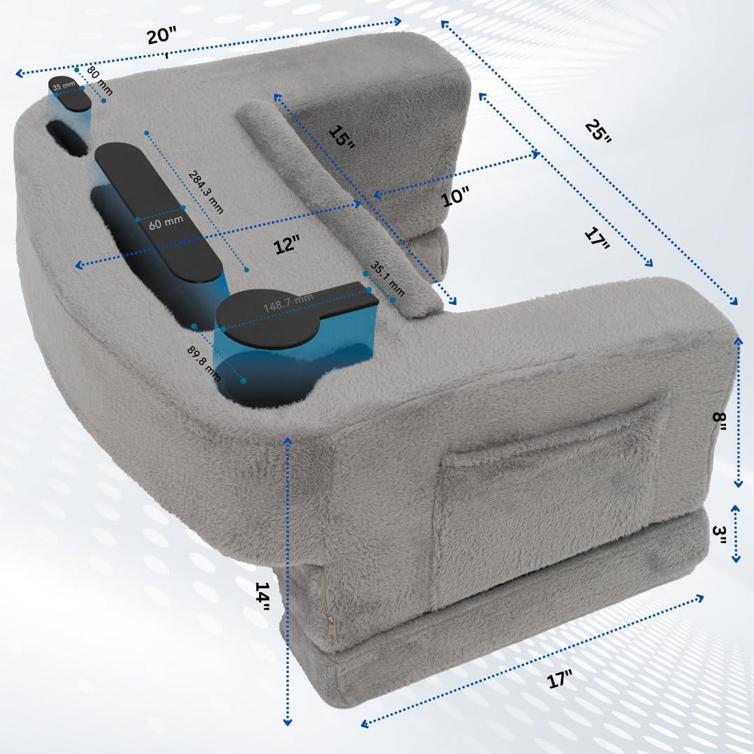 Reading Pillow for Gaming – Extra Large Lap Desk & Arm Rest with Cup & Phone Holder, Adjustable Heights, Laptop Support, Large Pockets – Comfortable for Work, Gaming & Crocheting (Furry Grey) - Unique Gift Market