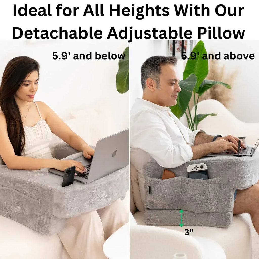 Reading Pillow for Gaming – Extra Large Lap Desk & Arm Rest with Cup & Phone Holder, Adjustable Heights, Laptop Support, Large Pockets – Comfortable for Work, Gaming & Crocheting (Furry Grey) - Unique Gift Market