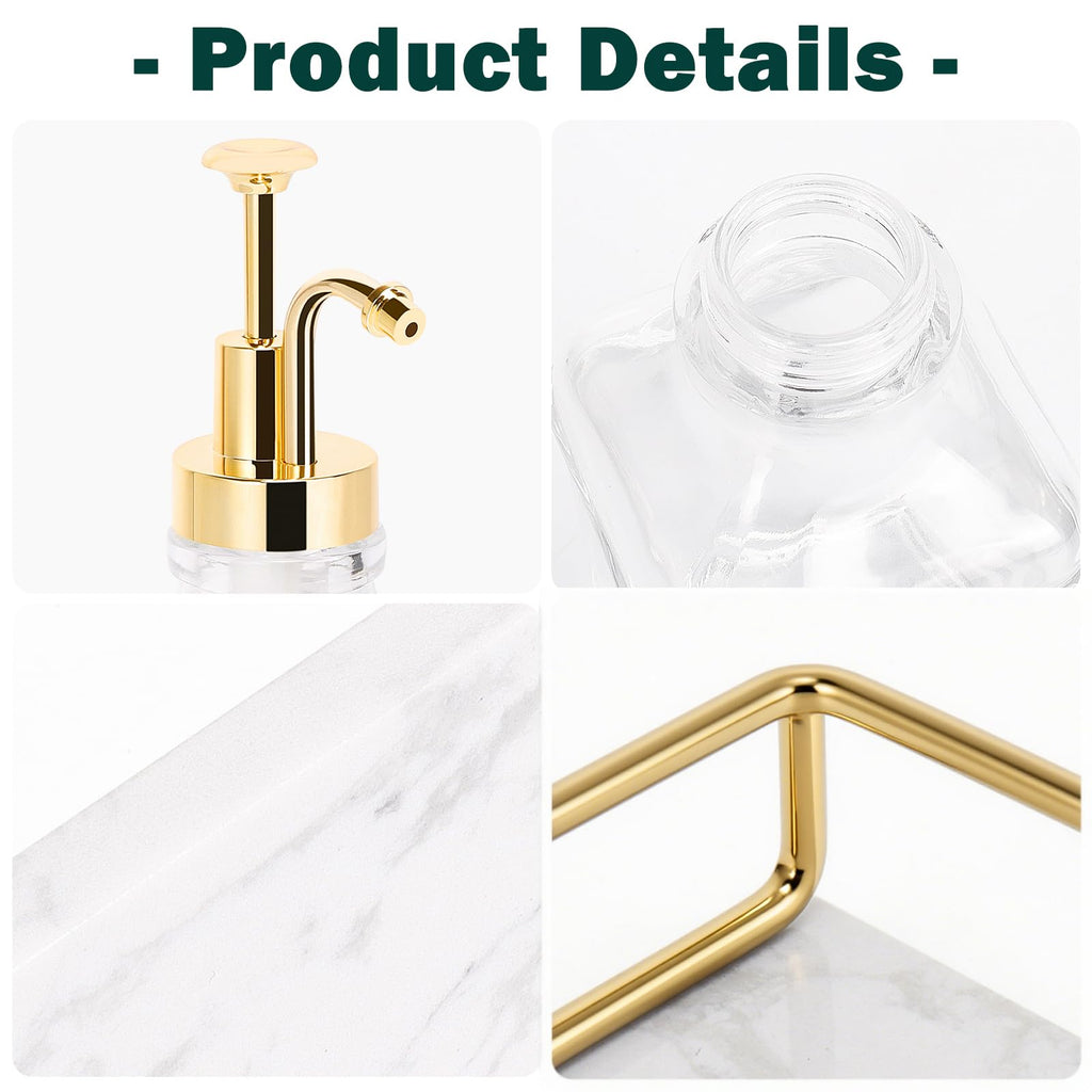 Coffee Syrup Dispenser for Coffee Bar, Clear Glass Syrup Bottles with Pump, Refillable Maple Syrup Storage, Coffee Station Accessories and Organizer, 500ml, Set of 2 + Tray (Gold)