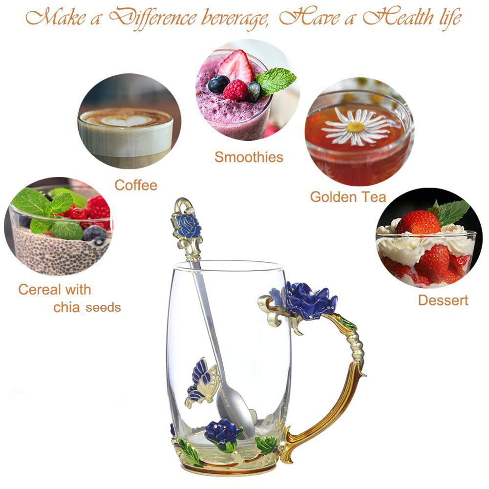 Best Gifts For Women Mom Blue Glass Coffee Tea Mug Unique Birthday Christmas Gift For Women Who Have Everything, Gift For Her Tea Cup with Spoon Sets (Blue-Tal)