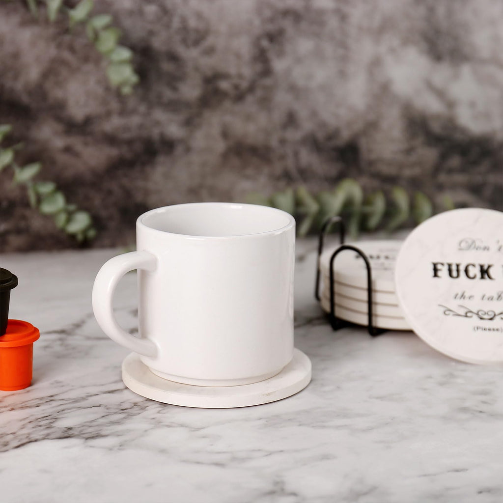 Funny Drink Coasters Ceramic Absorbent Coasters, Don't up The Table Unique Stone Drink Coaster with Cork Back for Coffee Table, Living Room, Family and Friends (Round-White, 6)