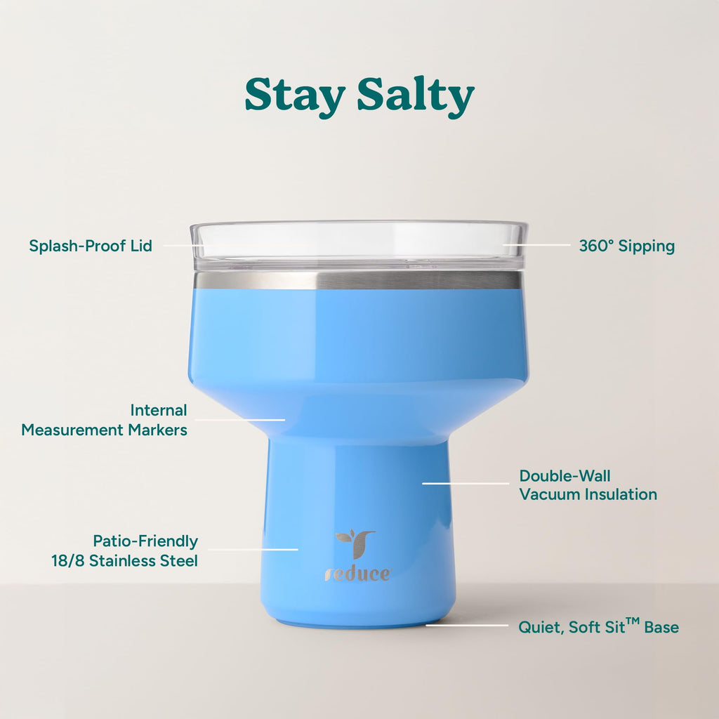 REDUCE Saltini 16 oz Cocktail Tumbler - Insulated Margarita Tumbler with Lid - Keeps Drinks Cold for 10 Hours - 360 Sippable Martini Glass Alternative - Shatterproof, Perfect for Parties - Sea Glass