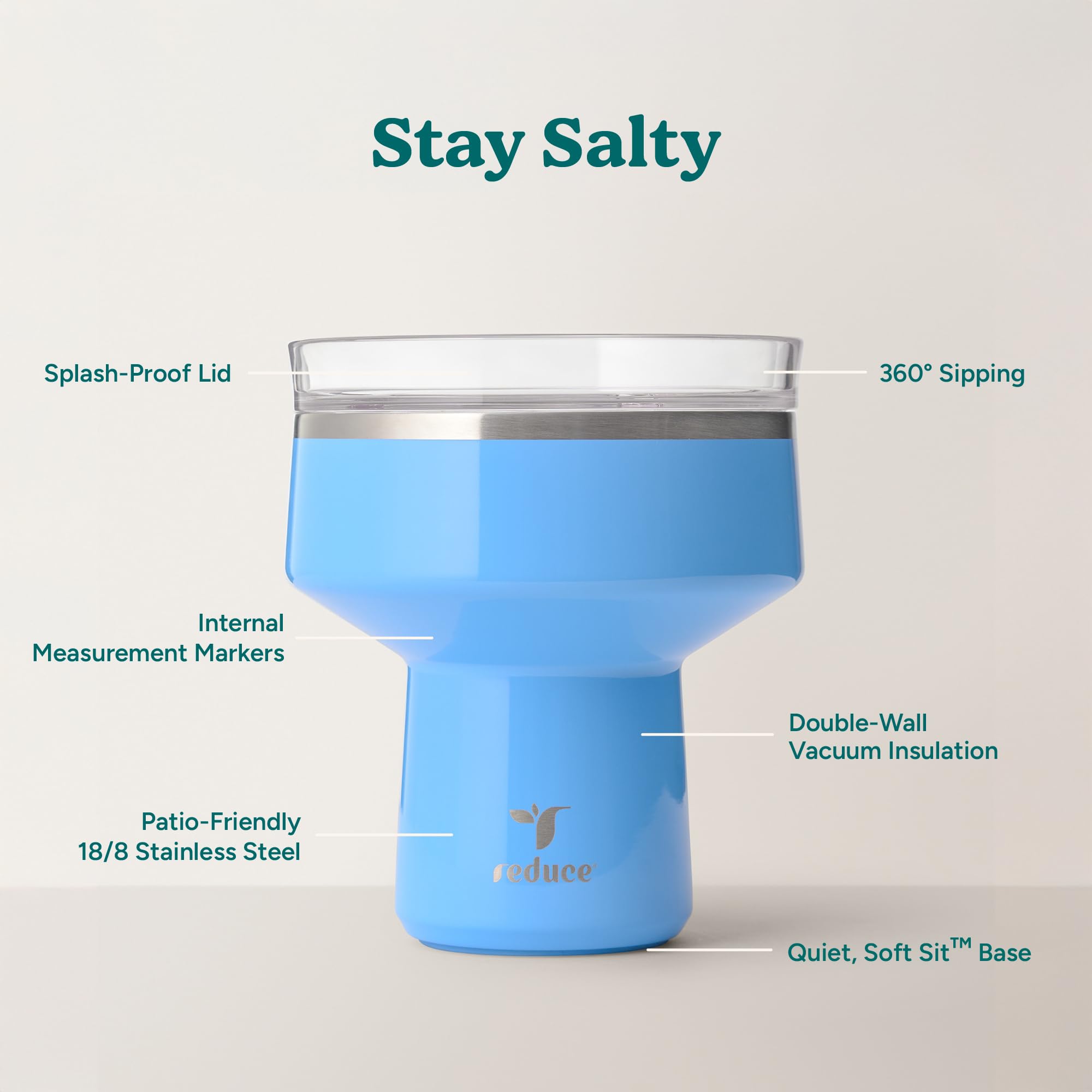REDUCE Saltini 16 oz Cocktail Tumbler - Insulated Margarita Tumbler with Lid - Keeps Drinks Cold for 10 Hours - 360 Sippable Martini Glass Alternative - Shatterproof, Perfect for Parties - Sea Glass