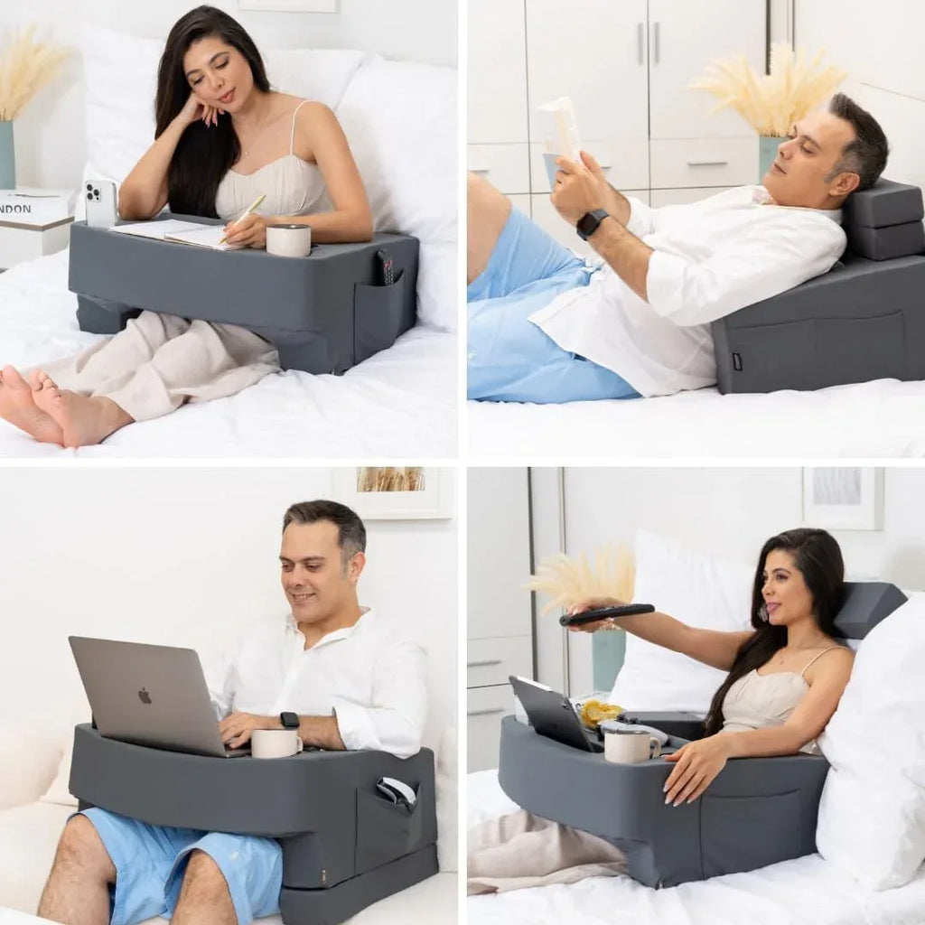 Reading Pillow for Gaming – Extra Large Lap Desk & Arm Rest with Cup & Phone Holder, Adjustable Heights, Laptop Support, Large Pockets – Comfortable for Work, Gaming & Crocheting (Furry Grey) - Unique Gift Market