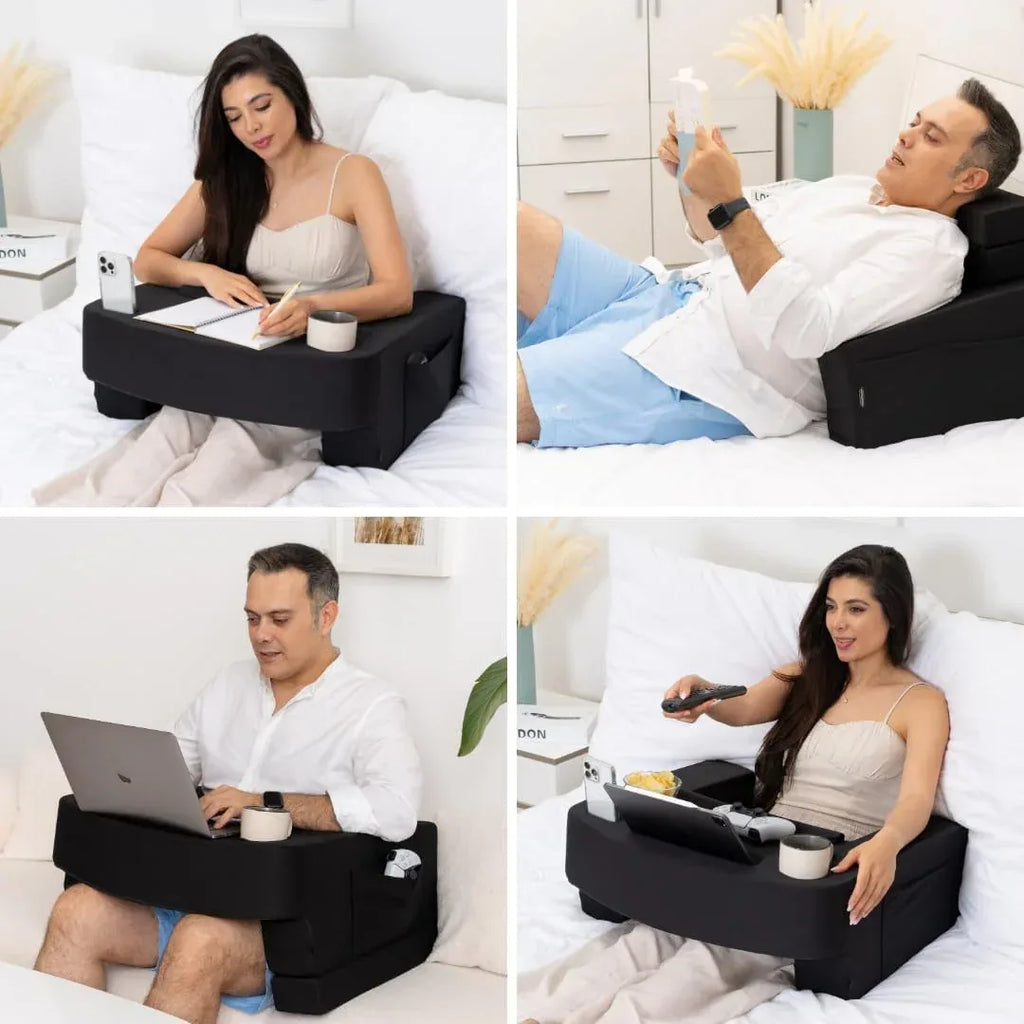 Reading Pillow for Gaming – Extra Large Lap Desk & Arm Rest with Cup & Phone Holder, Adjustable Heights, Laptop Support, Large Pockets – Comfortable for Work, Gaming & Crocheting (Furry Grey) - Unique Gift Market