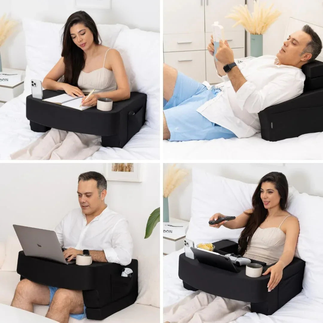 Reading Pillow for Gaming – Extra Large Lap Desk & Arm Rest with Cup & Phone Holder, Adjustable Heights, Laptop Support, Large Pockets – Comfortable for Work, Gaming & Crocheting (Furry Grey) - Unique Gift Market