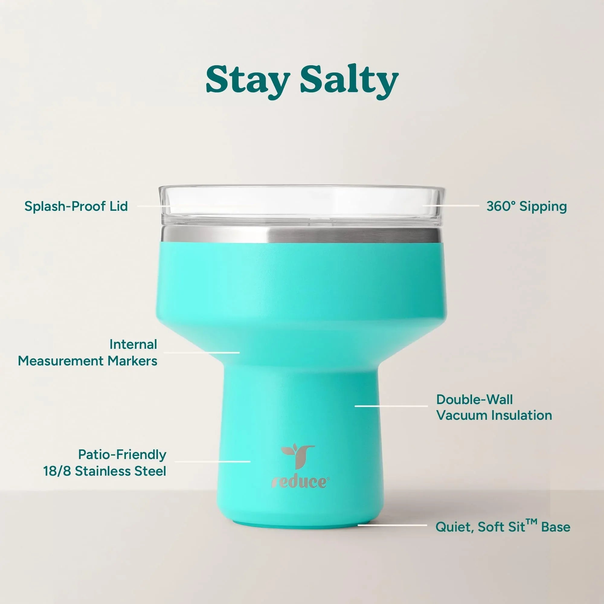 REDUCE Saltini 16 oz Cocktail Tumbler - Insulated Margarita Tumbler with Lid - Keeps Drinks Cold for 10 Hours - 360 Sippable Martini Glass Alternative - Shatterproof, Perfect for Parties - Sea Glass - Unique Gift Market