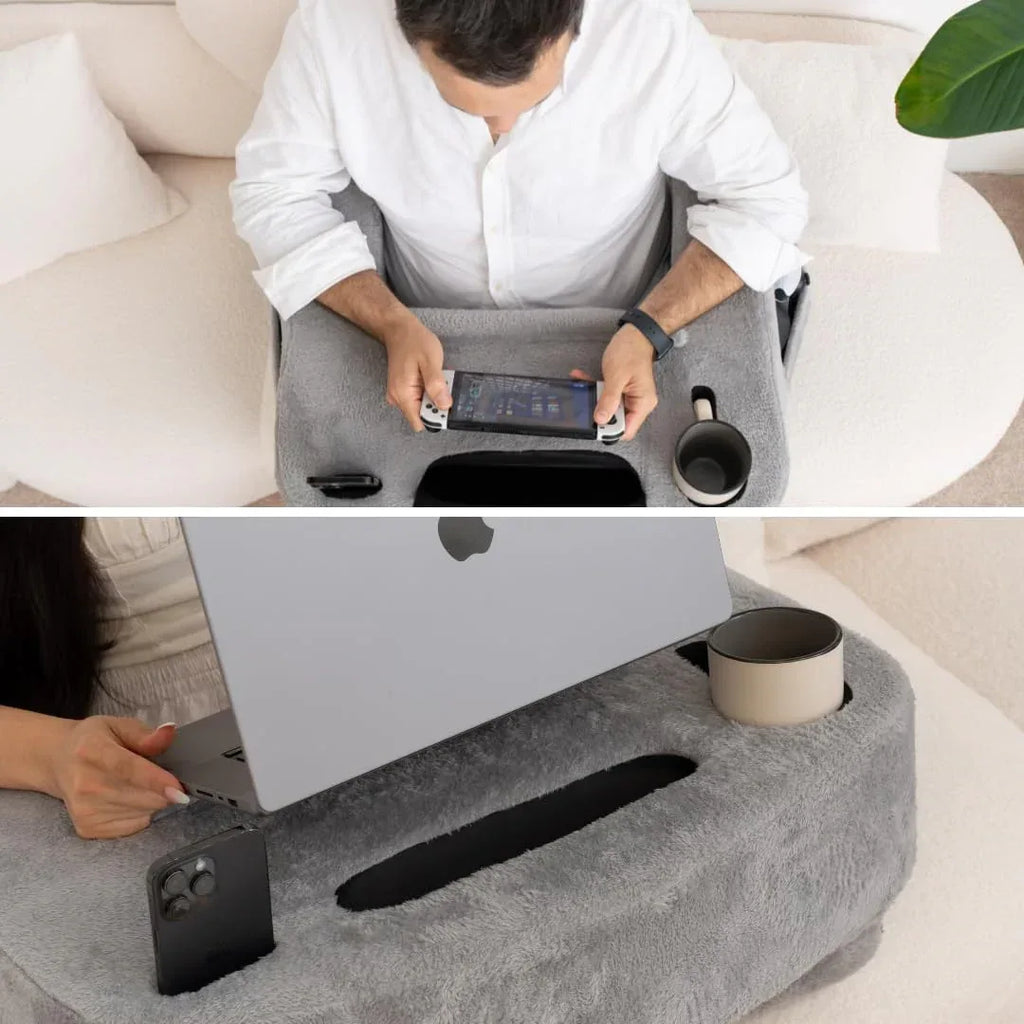 Reading Pillow for Gaming – Extra Large Lap Desk & Arm Rest with Cup & Phone Holder, Adjustable Heights, Laptop Support, Large Pockets – Comfortable for Work, Gaming & Crocheting (Furry Grey) - Unique Gift Market