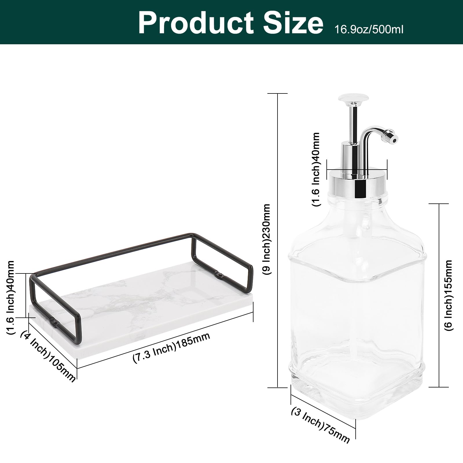 Coffee Syrup Dispenser for Coffee Bar, Clear Glass Syrup Bottles with Pump, Refillable Maple Syrup Storage, Coffee Station Accessories and Organizer, 500ml, Set of 2 + Tray (Gold)