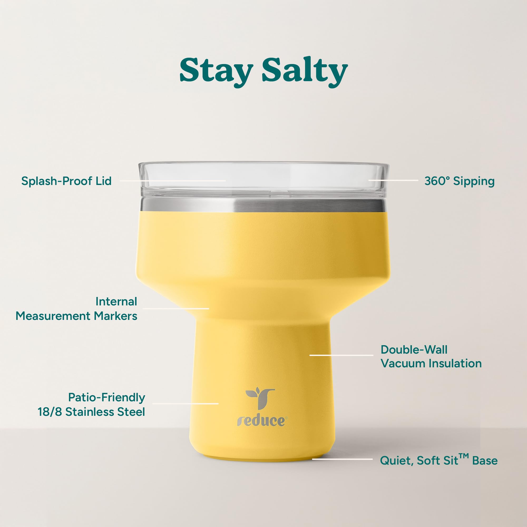 REDUCE Saltini 16 oz Cocktail Tumbler - Insulated Margarita Tumbler with Lid - Keeps Drinks Cold for 10 Hours - 360 Sippable Martini Glass Alternative - Shatterproof, Perfect for Parties - Sea Glass