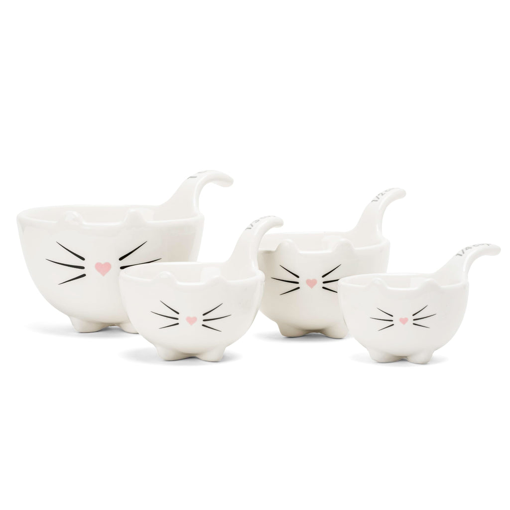 White Cat Measuring Cups & Spoons Gift Set – Ceramic Kitchen Tools for Cat Lovers & Bakers – 4 Measuring Cups and 4 Measuring Spoons – Unique Gift for Kitchen, Baking, and Cat Lovers