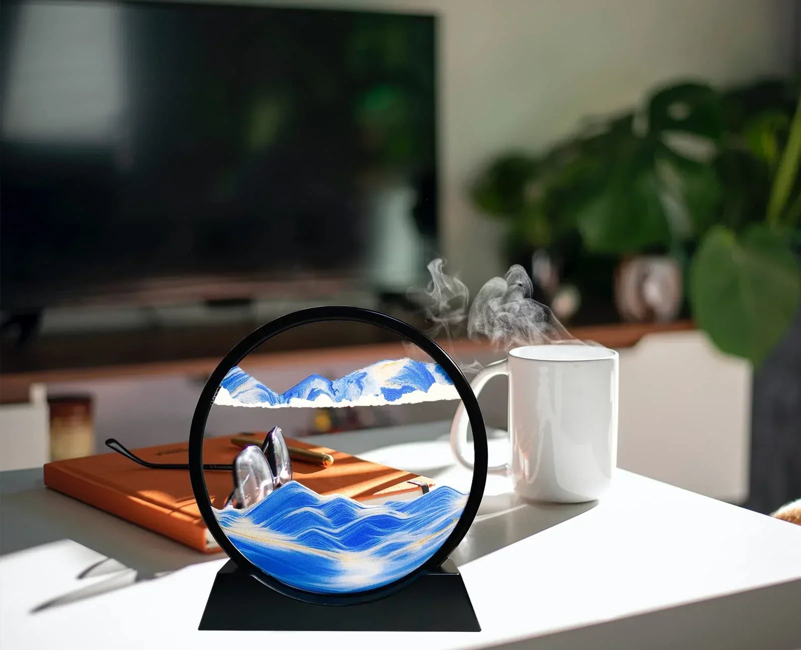 Moving Sand Art Picture - Sand Art Liquid Motion 3D Deep Sea Sandscape, Round Glass Frame Display Flowing Sand Relaxing Toy for Desktop Home Office Work Ocean Decor(Black, 7") - Unique Gift Market