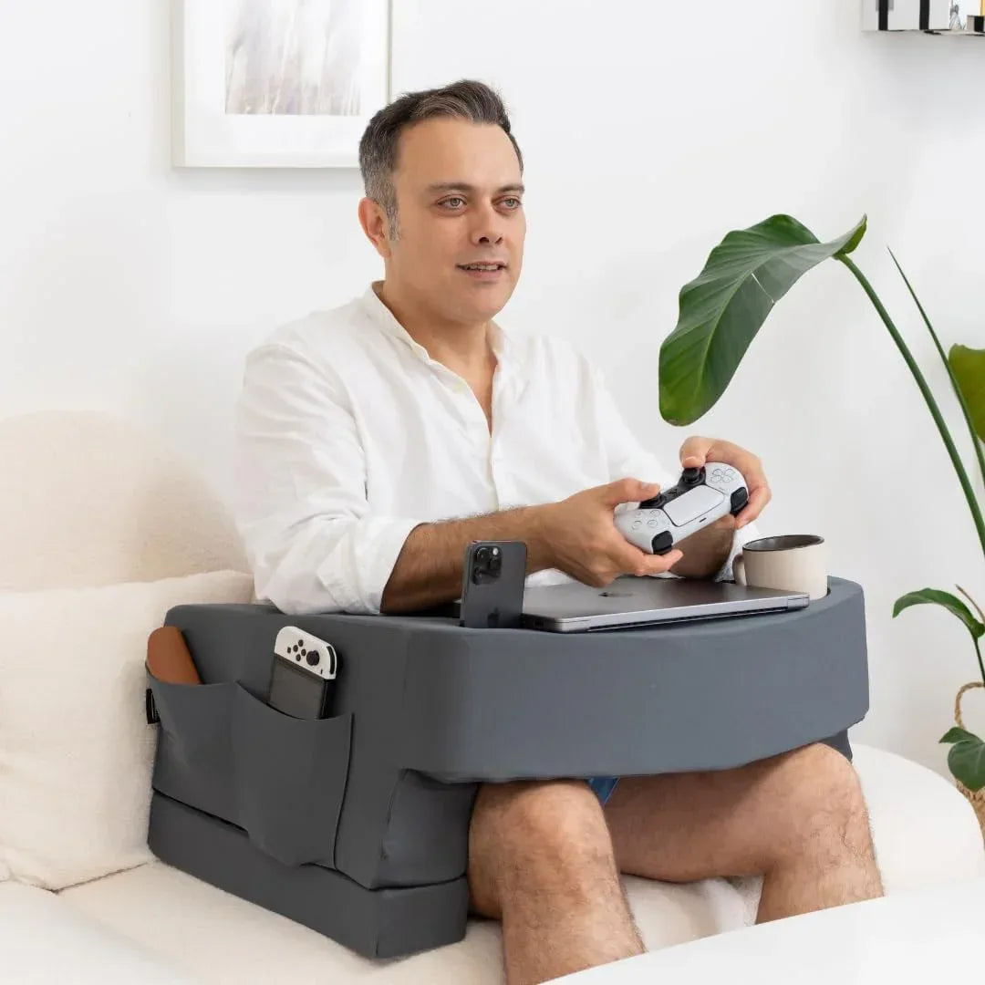 Reading Pillow for Gaming – Extra Large Lap Desk & Arm Rest with Cup & Phone Holder, Adjustable Heights, Laptop Support, Large Pockets – Comfortable for Work, Gaming & Crocheting (Furry Grey) - Unique Gift Market