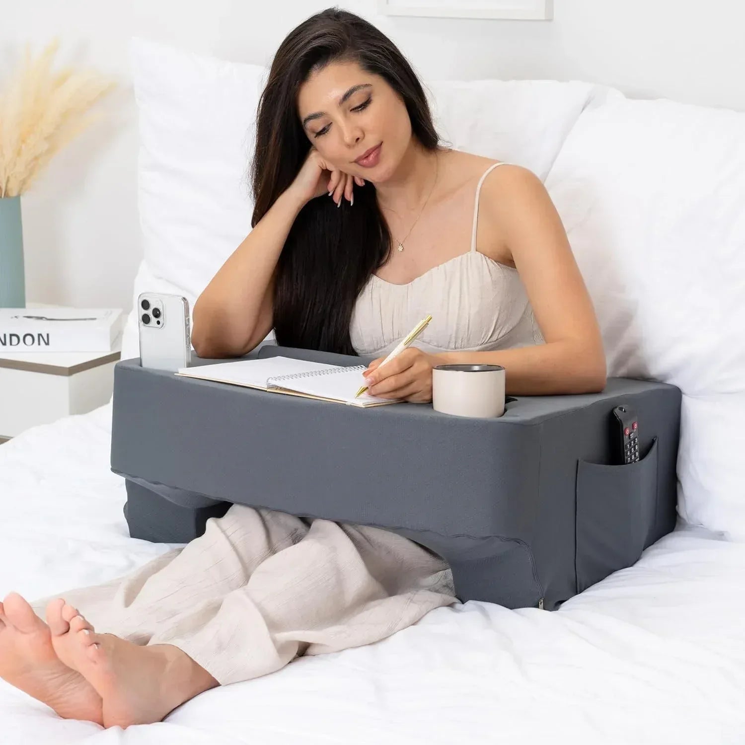 Reading Pillow for Gaming – Extra Large Lap Desk & Arm Rest with Cup & Phone Holder, Adjustable Heights, Laptop Support, Large Pockets – Comfortable for Work, Gaming & Crocheting (Furry Grey) - Unique Gift Market
