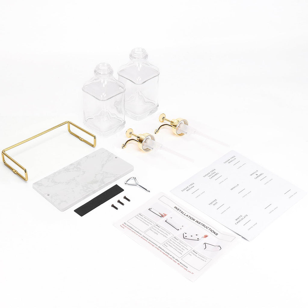 Coffee Syrup Dispenser for Coffee Bar, Clear Glass Syrup Bottles with Pump, Refillable Maple Syrup Storage, Coffee Station Accessories and Organizer, 500ml, Set of 2 + Tray (Gold)