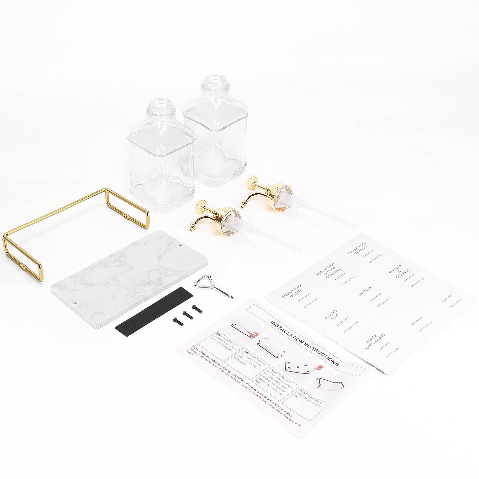 Coffee Syrup Dispenser for Coffee Bar, Clear Glass Syrup Bottles with Pump, Refillable Maple Syrup Storage, Coffee Station Accessories and Organizer, 500ml, Set of 2 + Tray (Gold)