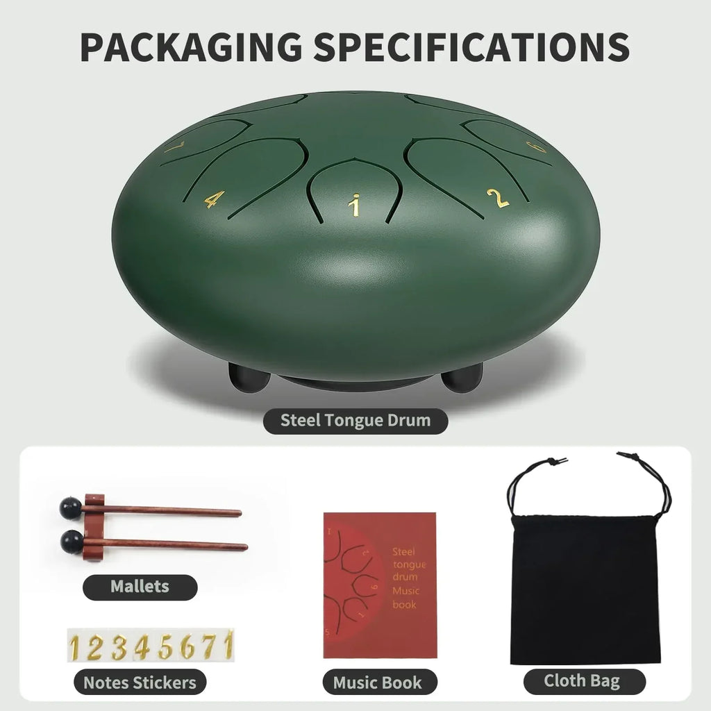 Rain Drum for Outside Garden, 6 Inches 8 Notes Steel Tongue Chakra Drums, Waterproof Meditation Rain Chime, Musical Instruments for Adult Gift with Bag, Music Book, Drum Mallets (Green) - Unique Gift Market