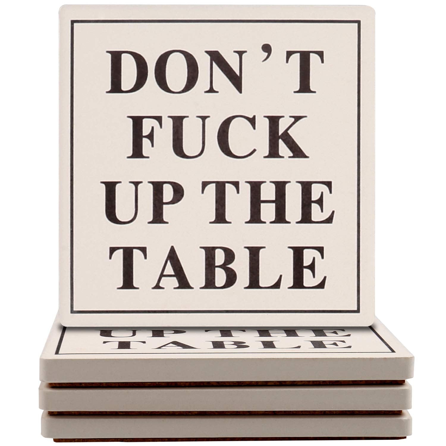 Funny Drink Coasters Ceramic Absorbent Coasters, Don't up The Table Unique Stone Drink Coaster with Cork Back for Coffee Table, Living Room, Family and Friends (Round-White, 6)