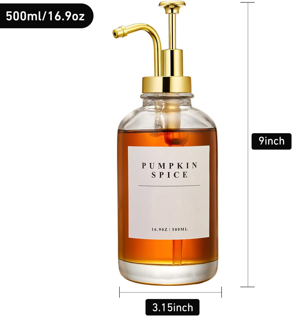 Coffee Syrup Dispenser for Coffee Bar, Coffee Syrup Pump Dispenser, Glass Syrup Bottle with Gold Upgraded Pump, 4 Pack 16.9 oz 500 ml Syrup Dispensers, 28 Labels and Large Bamboo Tray