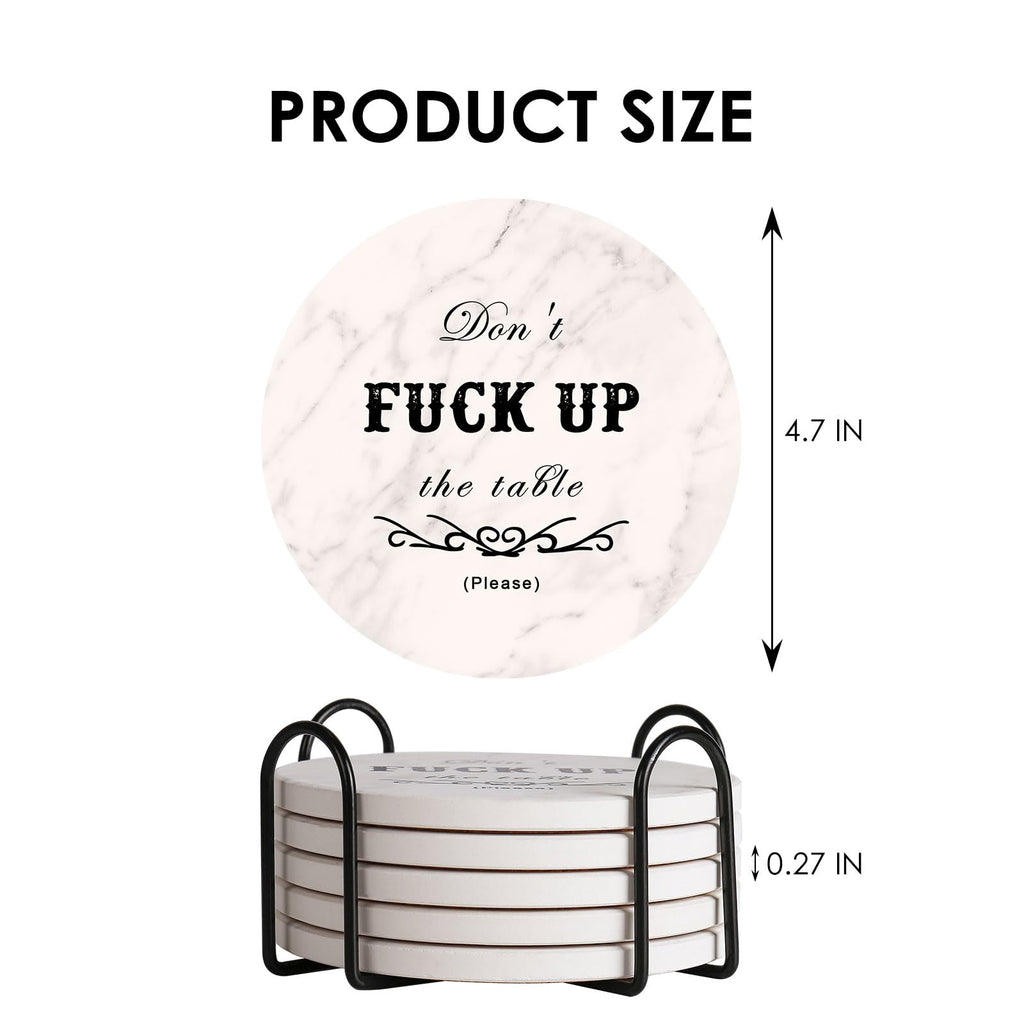 Funny Drink Coasters Ceramic Absorbent Coasters, Don't up The Table Unique Stone Drink Coaster with Cork Back for Coffee Table, Living Room, Family and Friends (Round-White, 6)